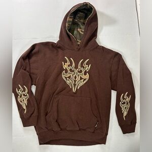 Silver Point Vintage Brown Hoodie with Tribal Flame Appliqué and Camo Lined Hood
